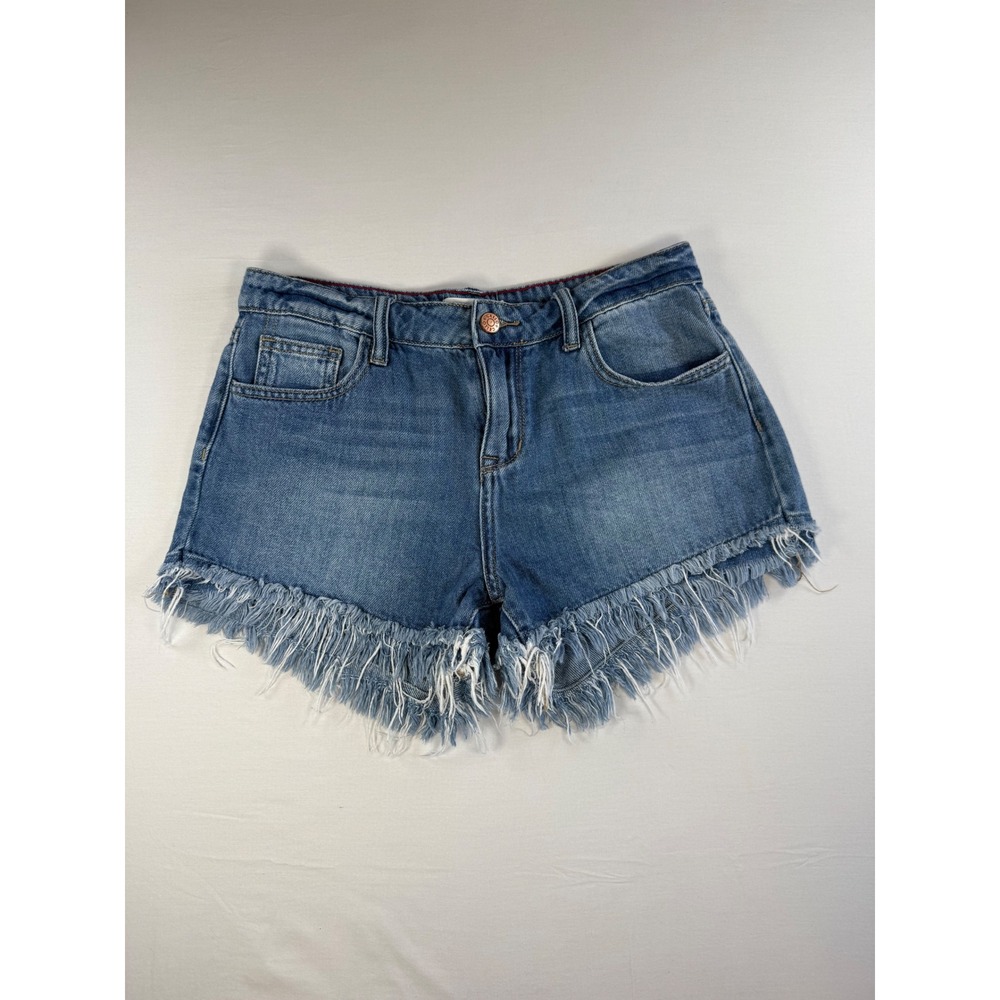 Cello Women Medium Wash Frayed Fringe Hem Denim Shorts Blue‎ Size S